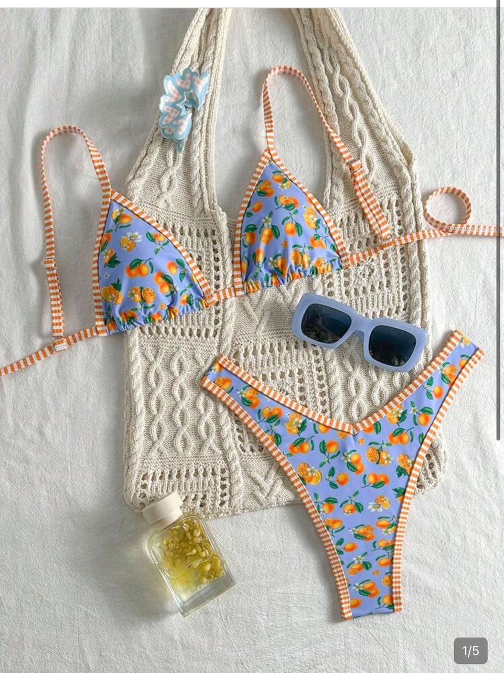 SHEIN Light Blue Peach Print Bikini with Orange Trim